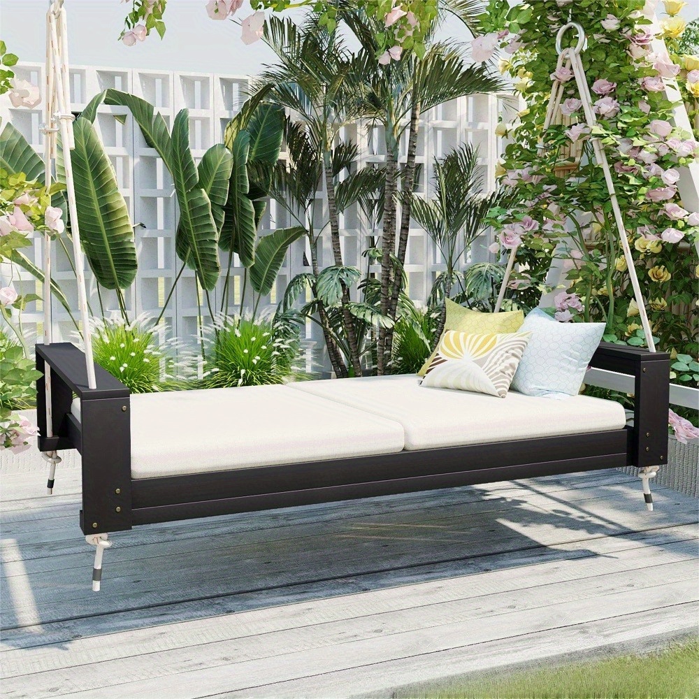 Garden seating. Swing chair. Double-sized porch swing bed seating set with hemp rope swing frame, suitable for gardens and backyards. Minimalist rustic style, ideal for courtyards and gardens. Mattress sold separately.