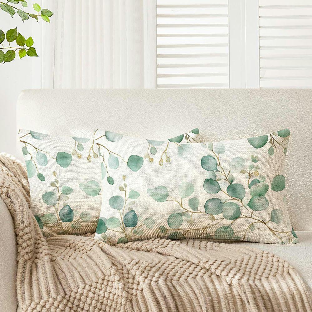 

2pcs Eucalyptus And Leaves Decorative Throw Pillow Covers, 100% Linen, Zip Closure, Home And Room Decor