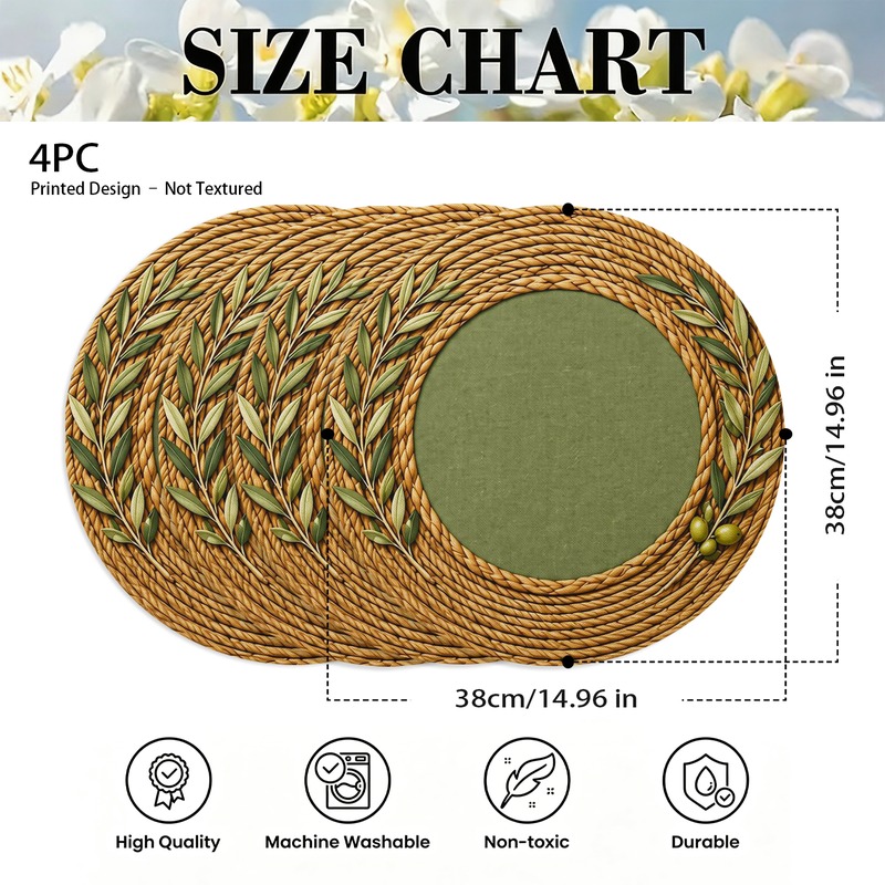 TEMU Printed Design - Not Textured 2d Flat 4pcs Set Of Exquisite Round Placemats, Rope Olive Green Theme Design, Non-slip Heat Resistant Washable