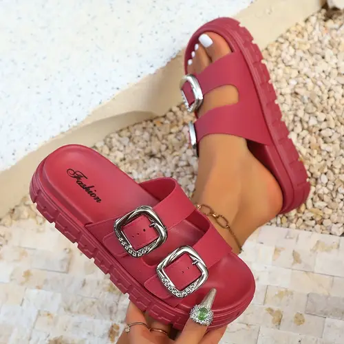 womens bohemian double adjustable straps non slip rubber sole slip on slippers vibrant red summer beach vacation indoor outdoor able casual shoes able open toe design durable