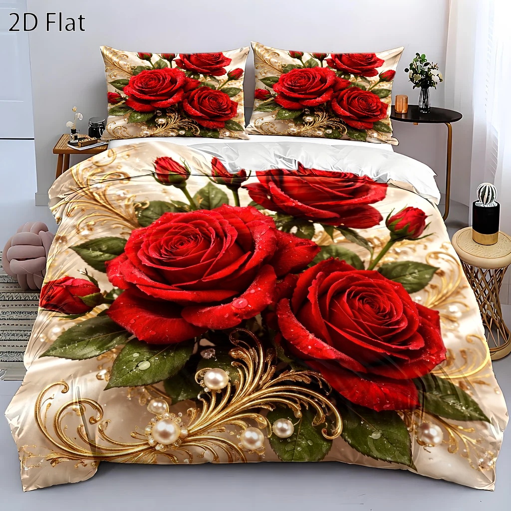 TEMU 3pcs European-style Luxury Red Rose Print Duvet Cover Set, Three-piece Bedding (1*duvet 2*pillowcases), Suitable For And Machine Washable,