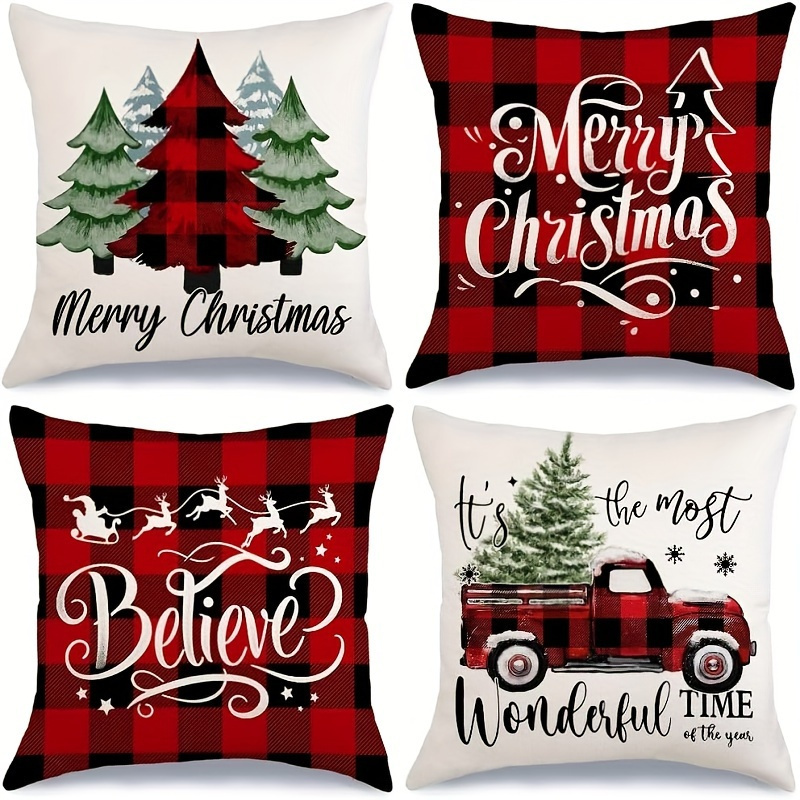 TEMU 4pcs Vintage Merry Christmas Pillow Covers, Truck & Design - Zippered Square Pillowcase With Print Pattern - 18x18inch, Perfect For Room Types -
