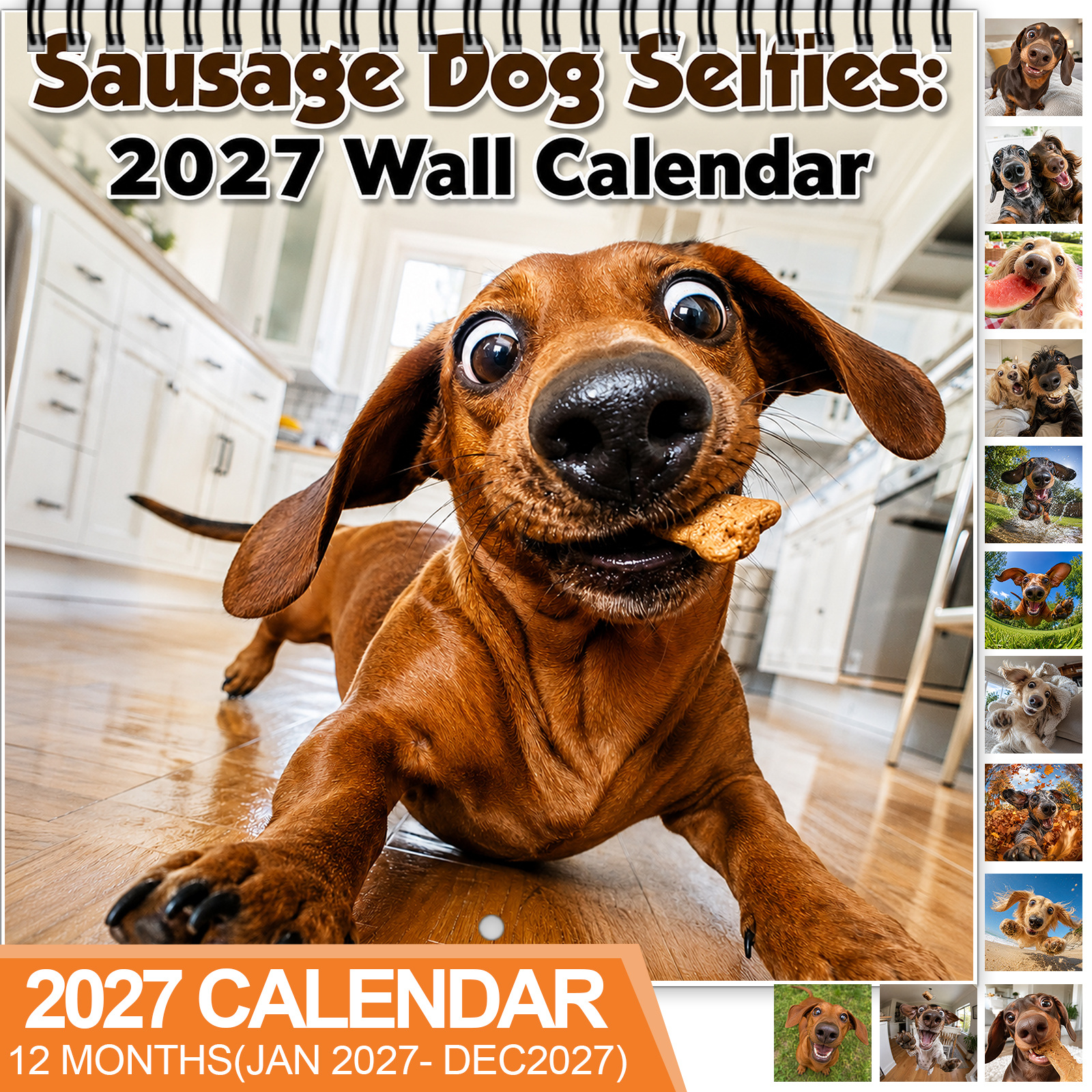 TEMU 1pc 2027 Sausage Dog Selfies Wall Calendar, Spiral-bound 12-month Calendar With Large Date Blocks, Features Funny Dachshund Wide Angle Selfie