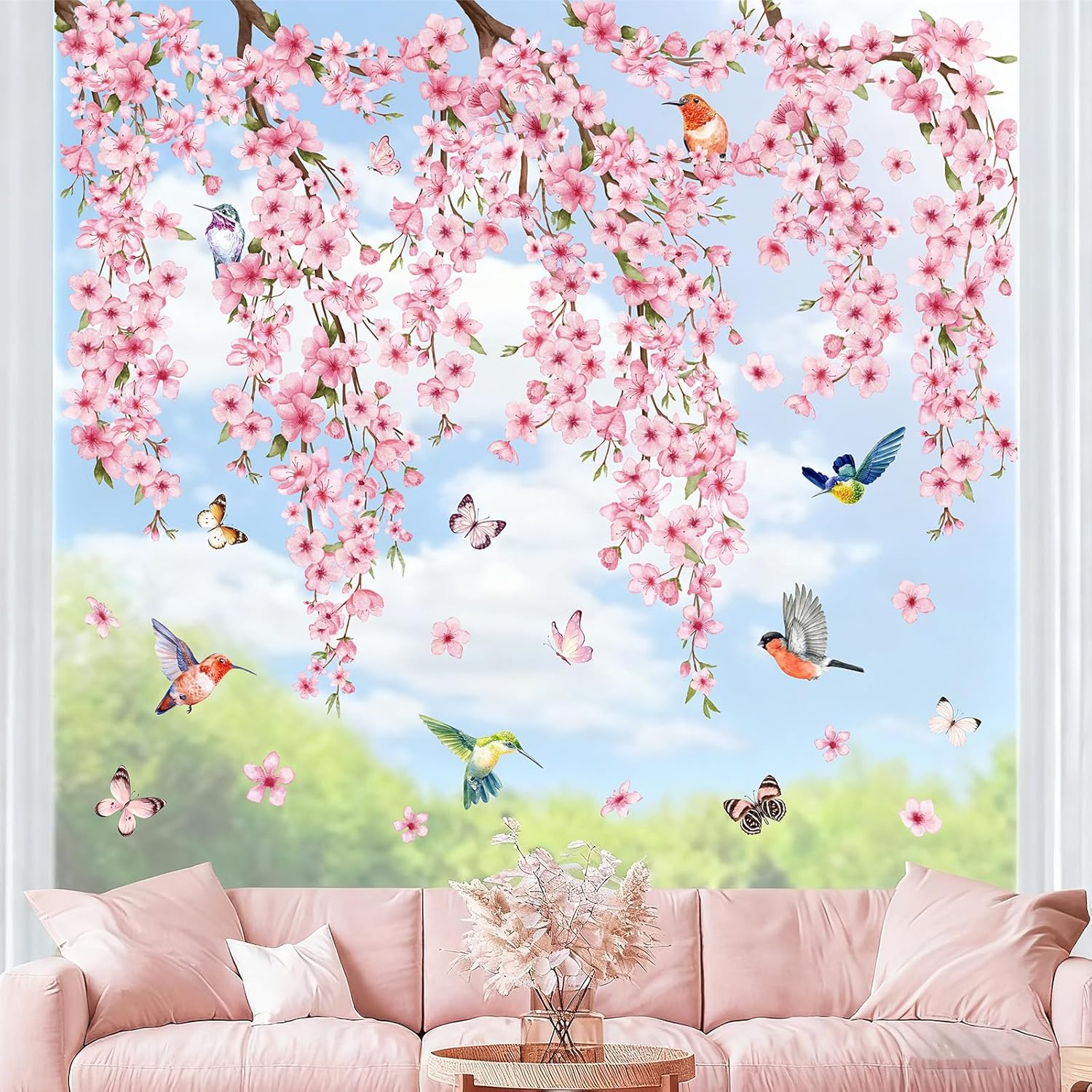 6 Sheets Cherry Floral Window Clings Spring Window Decals Pink Flower Bird Reusable Sticker Decoration For Summer Party Home Office