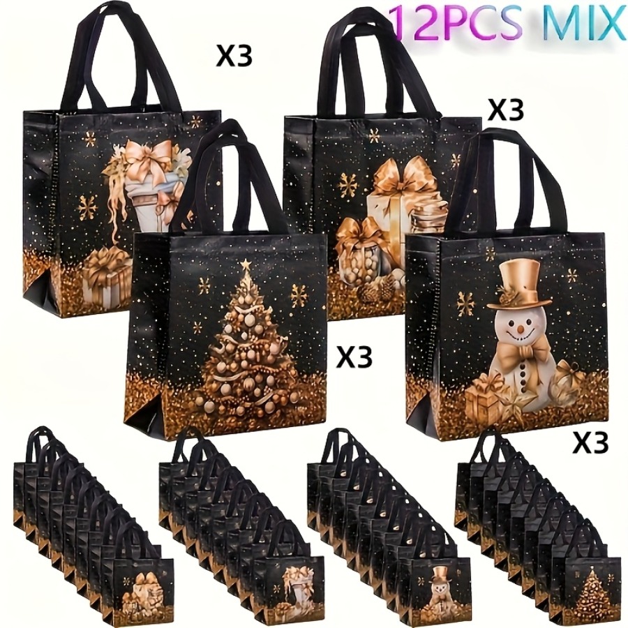 TEMU 12pcs Elegant Black & Golden Christmas Gift Bags With Snowman, Tree & Ornament Designs - Durable Non-woven Fabric Tote Bags With Sturdy Handles,