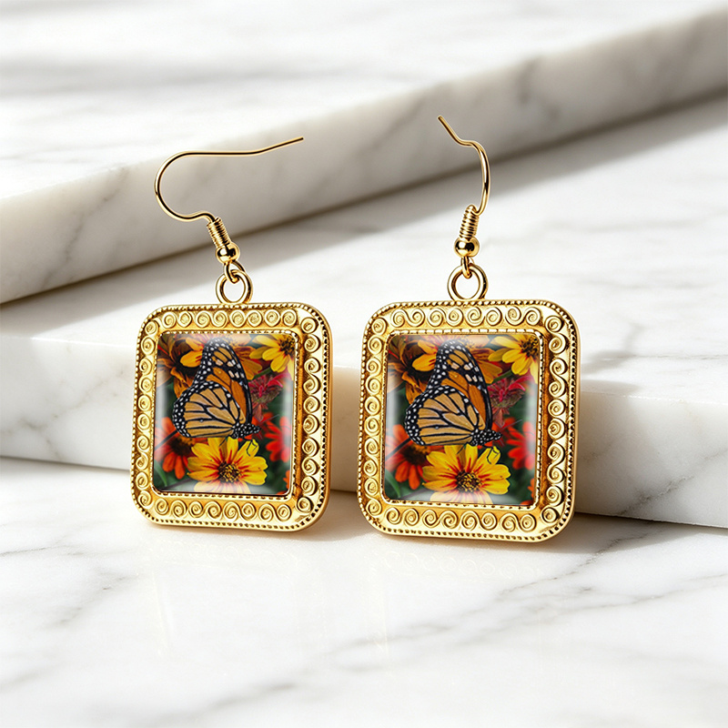 Monarch Butterfly on Bright Flowers Square Glass Dangle Earrings