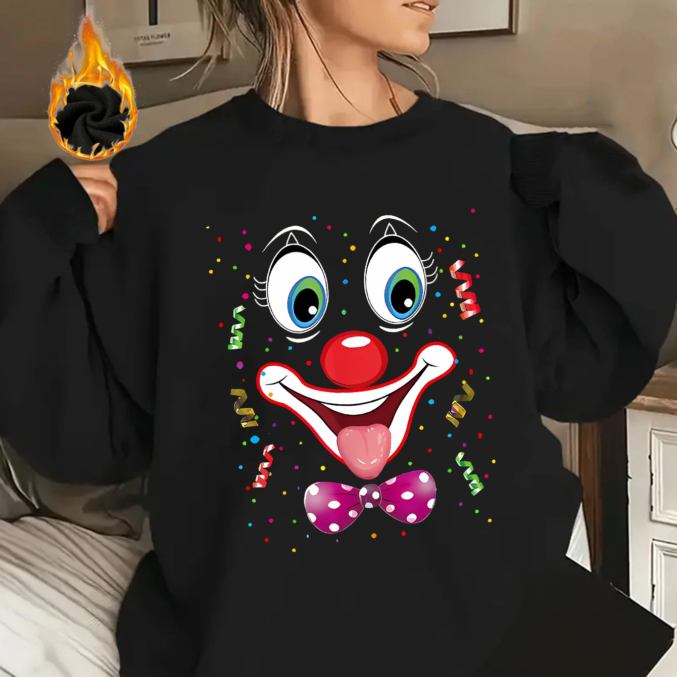 

Carnival Clown Graphic Women's Fleece-lined Sweatshirt - Elegant Round Neck, Long Sleeve Pullover With Confetti & , Machine Washable