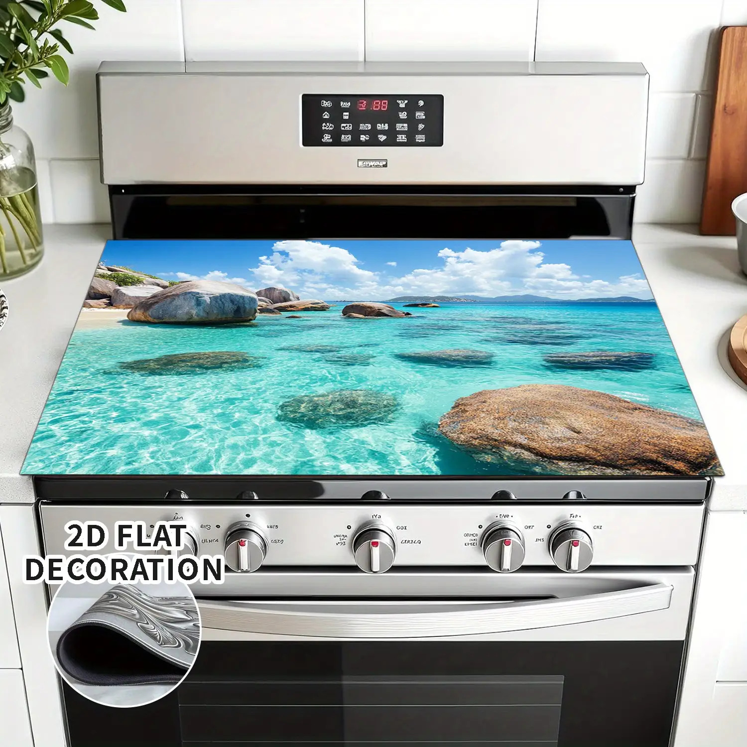 TEMU 1 protecteur de plaque à induction - Housse de cuisinière antidérapante et résistante à la chaleur avec motif plage turquoise, protection