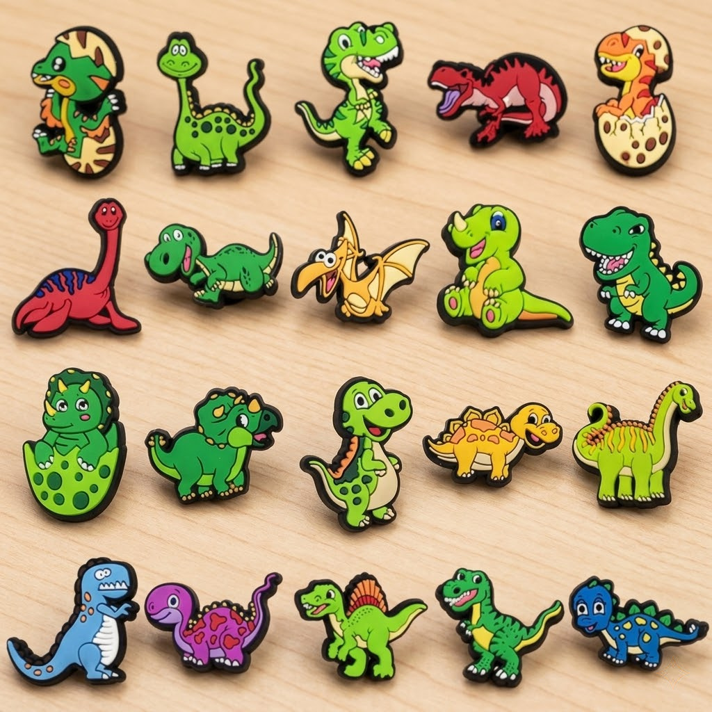 TEMU 20pcs Set Assorted Cartoon Dinosaurs Cute Character Shoe Charms Multi-colored Pvc Rubber Unique Additions For Sandal And Slipper Holes, Without
