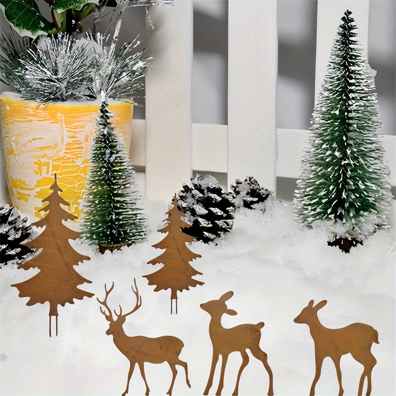 Image of 5pcs Christmas Tree And Reindeer Garden Stake Decorations, Christmas Yard And Garden Holiday Ornaments, Rusty Iron Artwork, Decor For Thanksgiving, Christmas, And Year