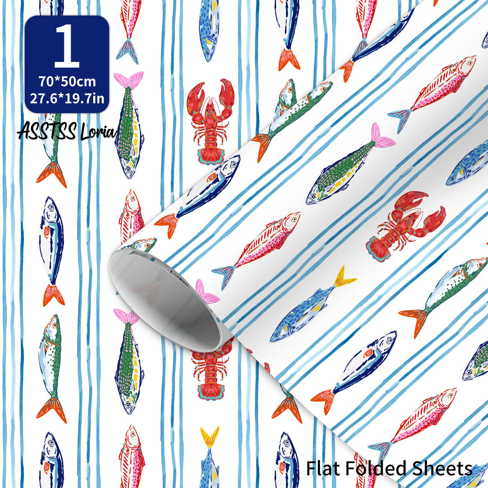 TEMU ASSTSSLORIA Papier Cadeau - 1 Feuille Été Style Preppy, Coloré, Poisson, Bandes, 20X28" Premium 105GSM Papier d'Art, Emballage Esthétique pour