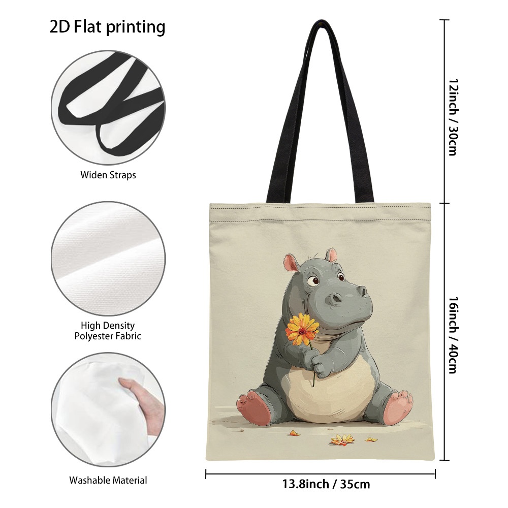 TEMU 1pc Vibrant Hippo Holding Flower Double-sided Print Tote Bag - Reusable Grocery Bags With Durable Handles, Spacious Polyester Handbag For