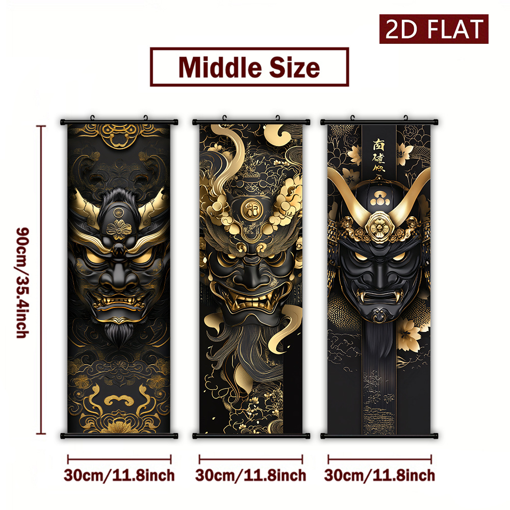 TEMU 2d Flat, 2d/flat-3pcs Japanese Oni Mask Plastic Scroll Hanging Painting Traditional Oriental - Definition Printing Wall Art For Living Room