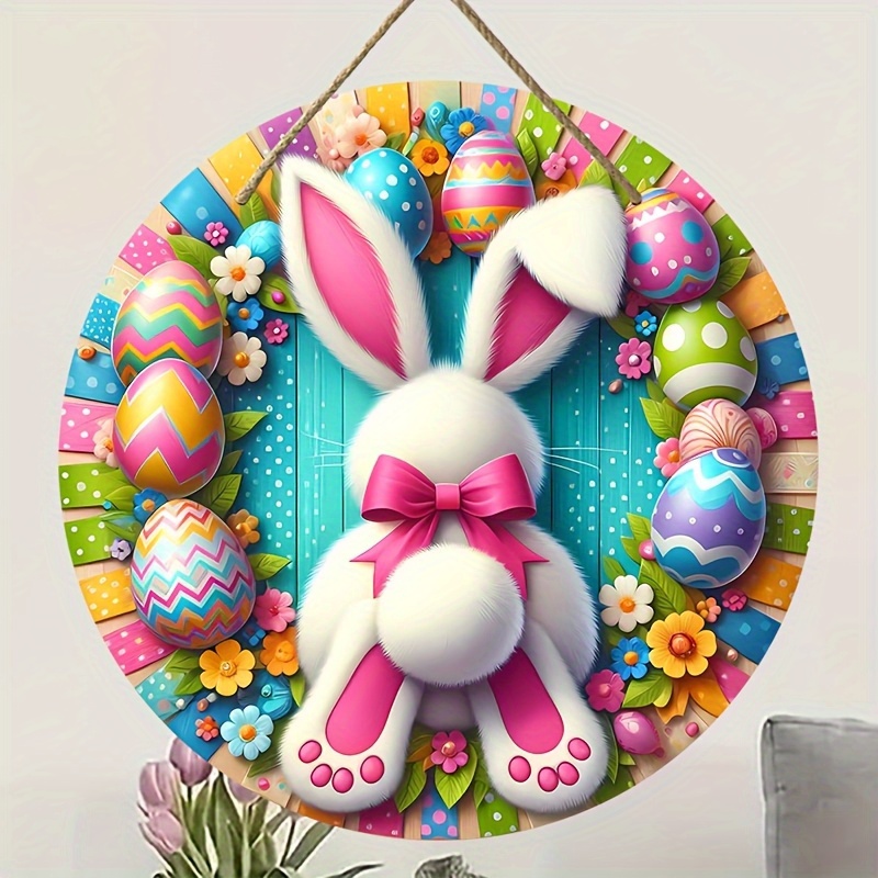 

1pc Easter Bunny And Egg Wooden Garland Sign-vibrant Round Wall Hanging With , Home And Porch Decoration, 7.87 X7.87 Inches