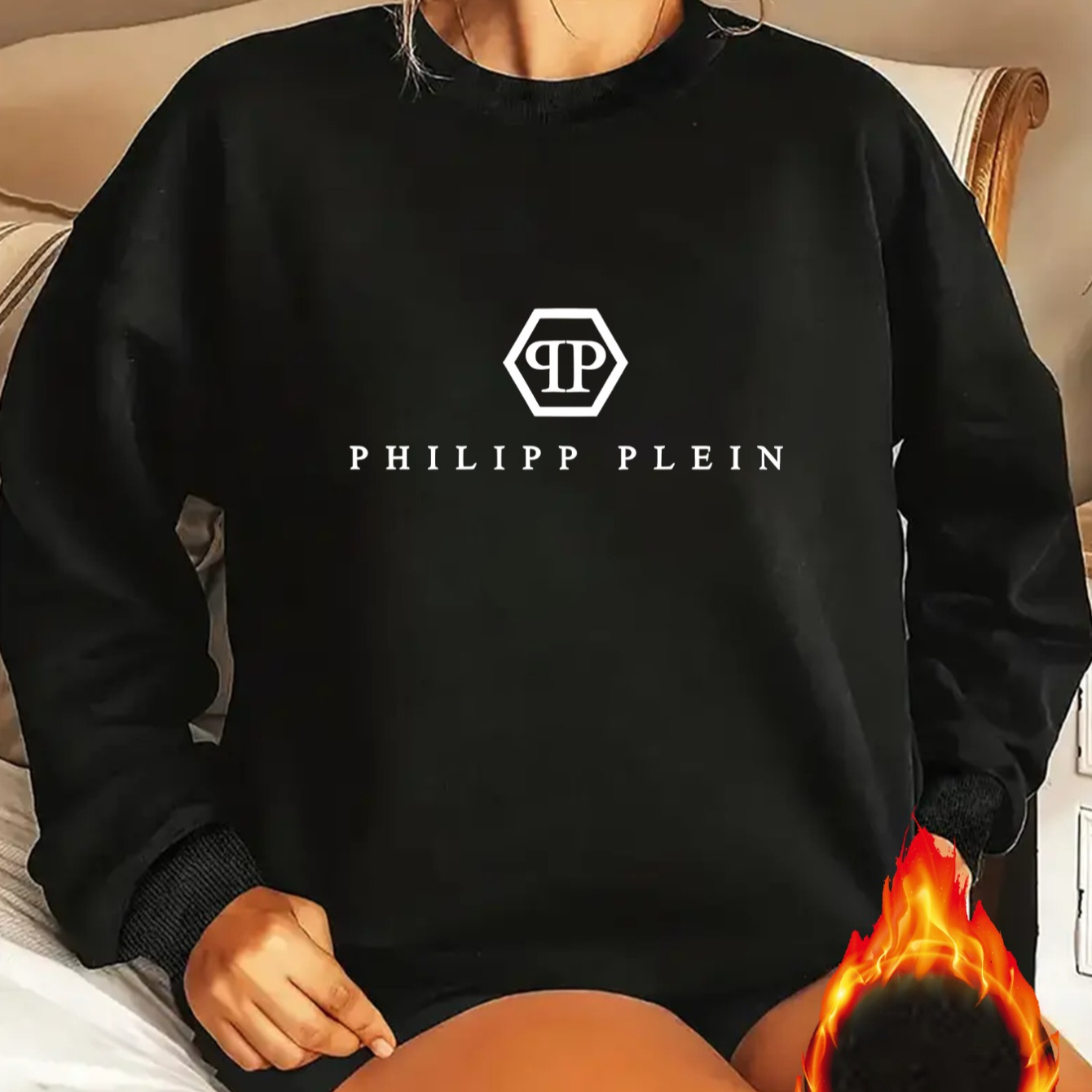 

1pc Philipp Plein Women's Casual Crew Neck Long Sleeve Sweatshirt, 100% Polyester Knit Pullover With Alphabet Geometric Print, Stretch, Fashion Top