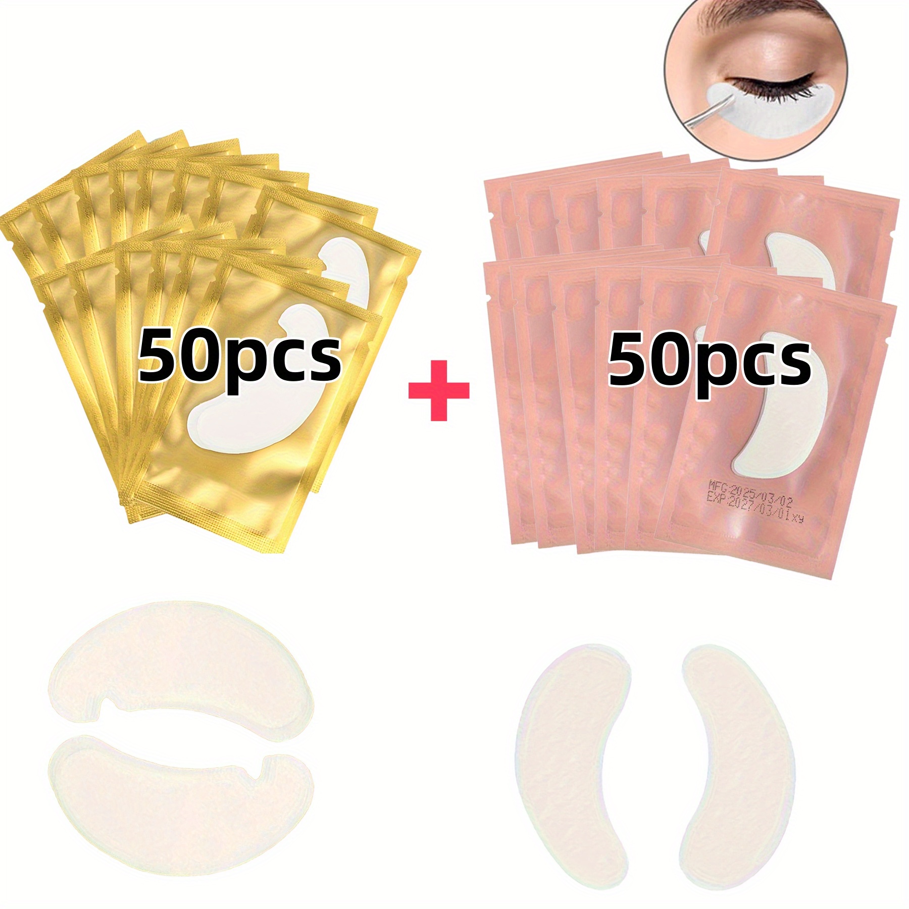 100pack, Reusable Gel Eye Patches (50 Golden + 50 Pink) For Lash Extensions & Under Eye Care, Hypoallergenic Fits Most Eye Shapes