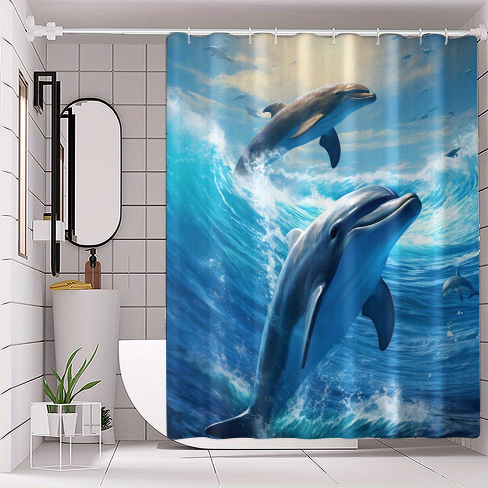 

Adorable Dolphin Print Waterproof Shower Curtain - 71x71 Inches, Polyester, Machine Washable With Hooks Included, Cartoon Animal Design, All , Bathroom Decor