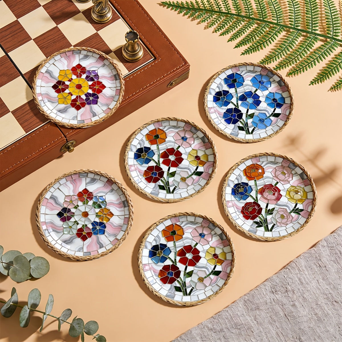 TEMU Juego de 6 posavasos de madera para el hogar y - Protectores de mesa redondos antideslizantes y resistentes al con patrones florales pintados,