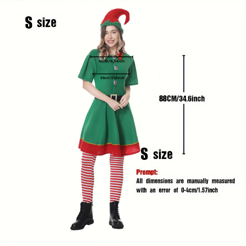 

4pcs Women's Christmas Elf Costume Set - Green Dress, Pointed Hat With , Striped Belt, And Matching Stockings - Polyester, Fits Most For Holiday Parties & Halloween, Christmas Party Dress