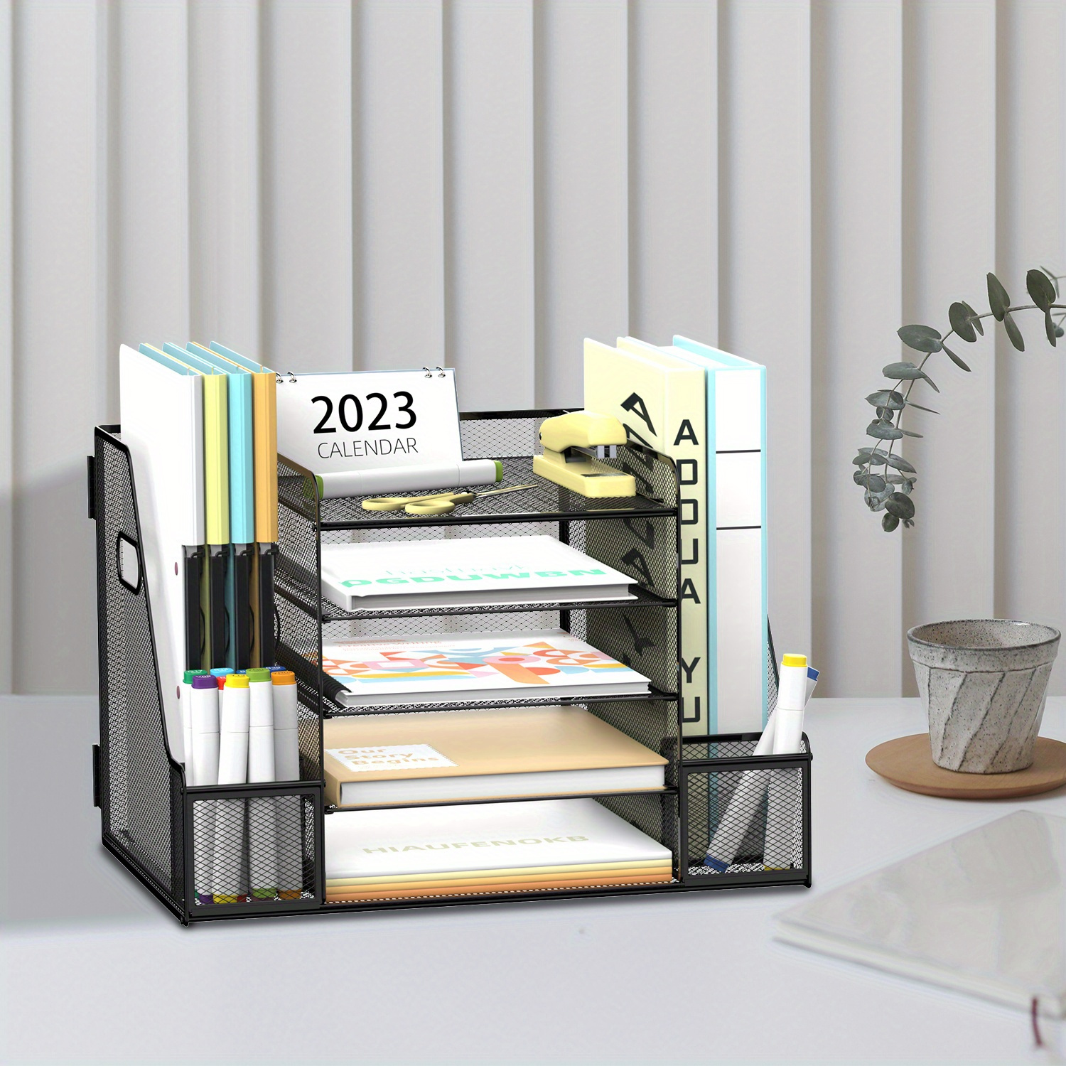 Daltack 5-tier Mesh Desk Organizer With File Holder, Multi-functional Paper Tray And Storage For Office Supplies