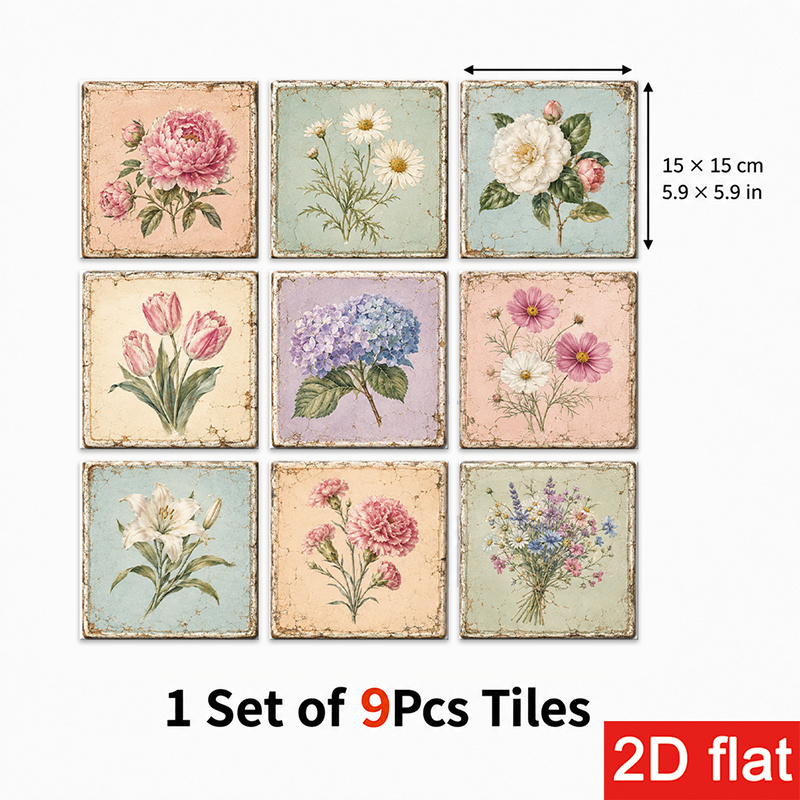 TEMU 2d Flat 9pcs 15x15cm (5.9x5.9in) Slate Tile Stickers Stylish - Floral Pattern Wall Tiles For Kitchen Backsplash, Peel And Stick, , Removable,