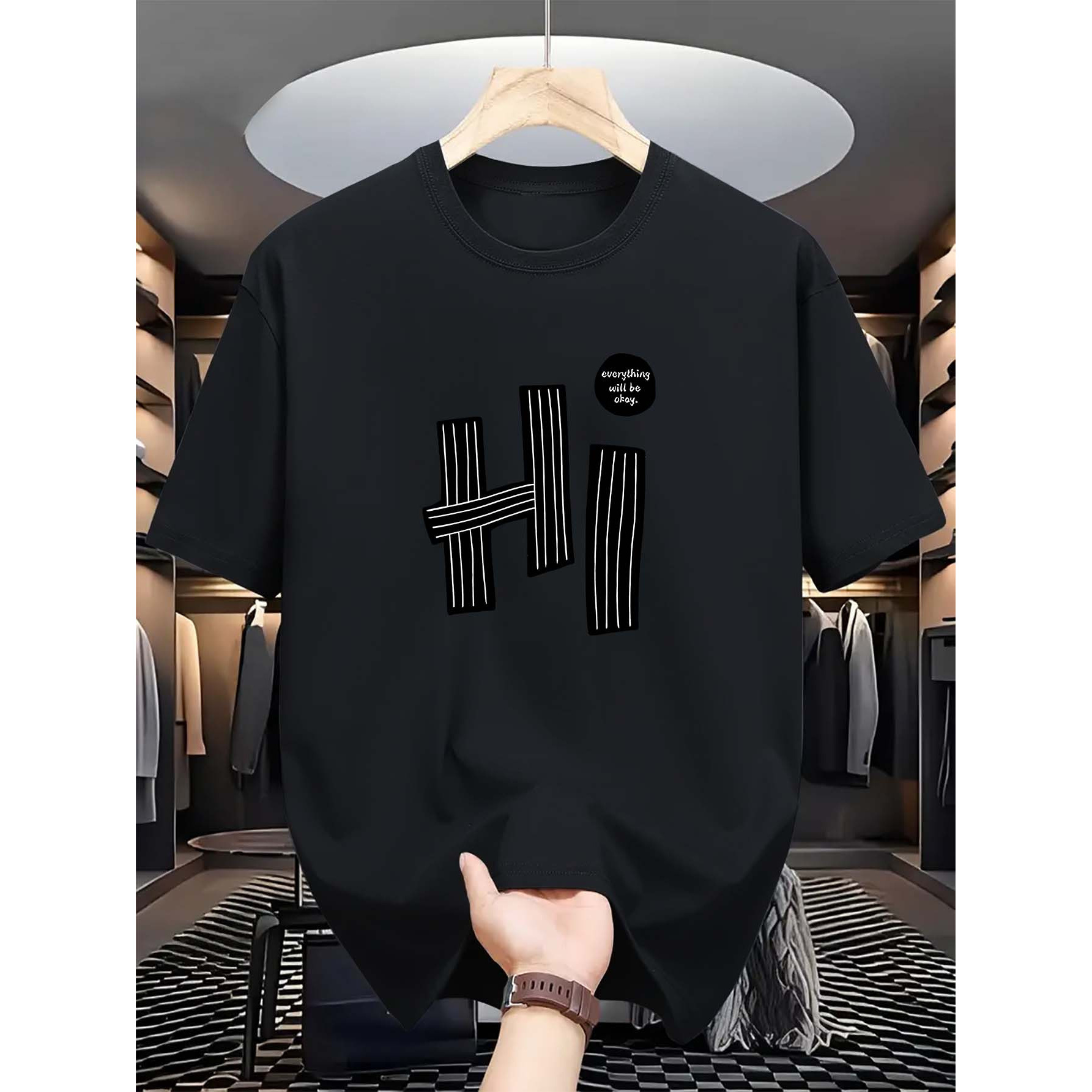 

1pc Men's Casual Crew Neck T-shirt With Geometric "hi" Pattern - 100% Cotton Knit Fabric, Short Sleeve, Regular Fit, Breathable Top For Daily & Casual Wear