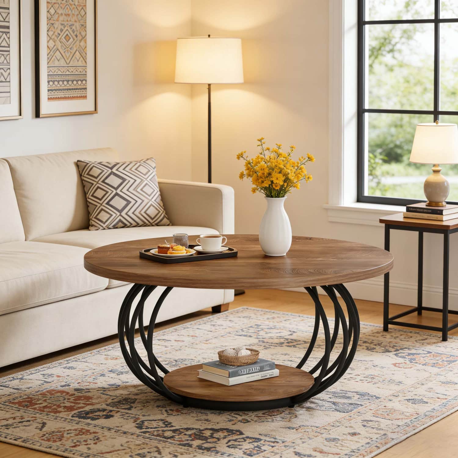 Image of Round Coffee Table With Storage, 2 Tier Industrial Center Table With Wooden Shelf And Metal Frame, X 46cm Circle Cocktail Table For Living Room, Rustic Brown And Black(1pc)