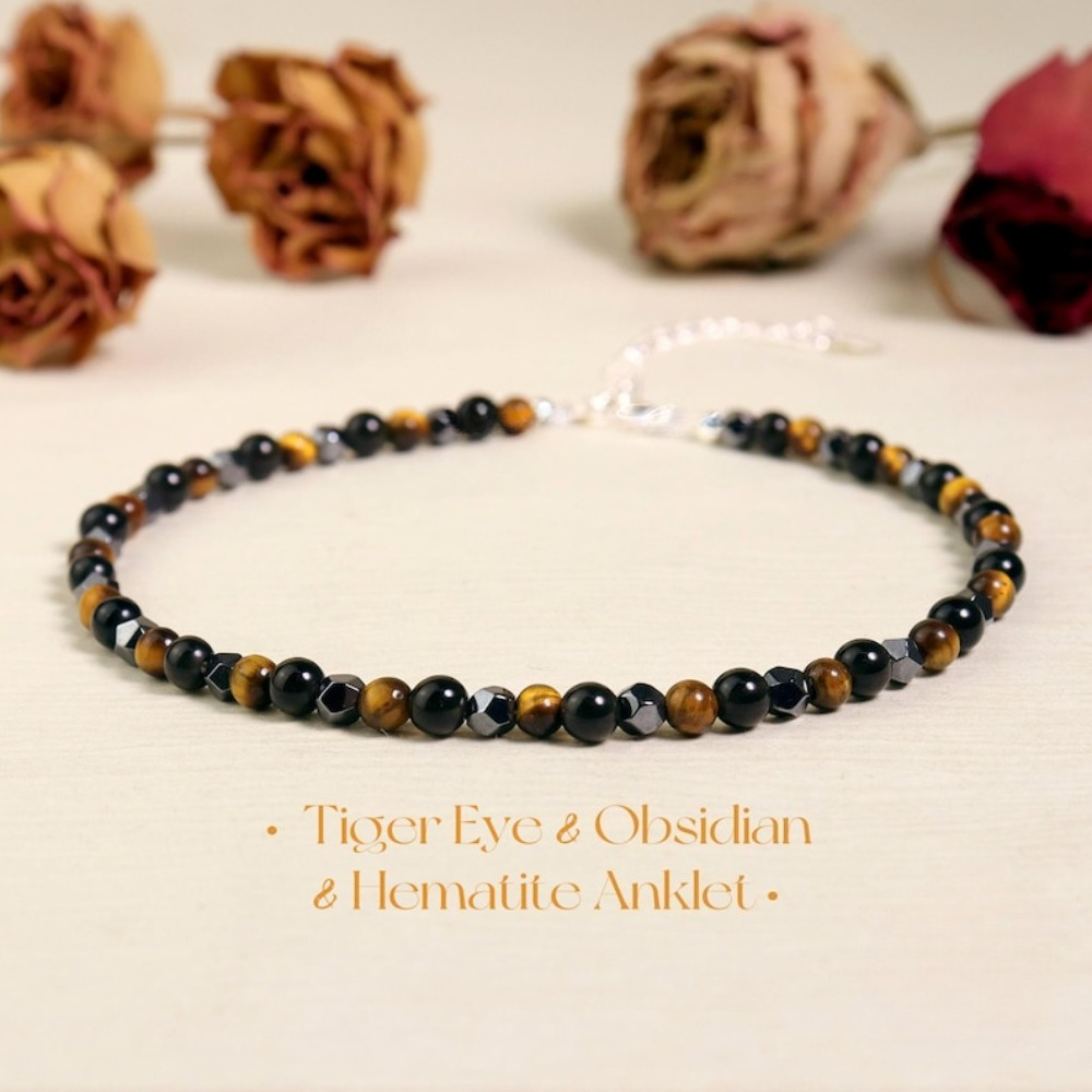 TEMU 1pc Anklet, 4mm Beads Tiger Eye Hematite And Obsidian Anklet, Bracelet Anklet Jewelry, Water Resistant Minimalist Anklet
