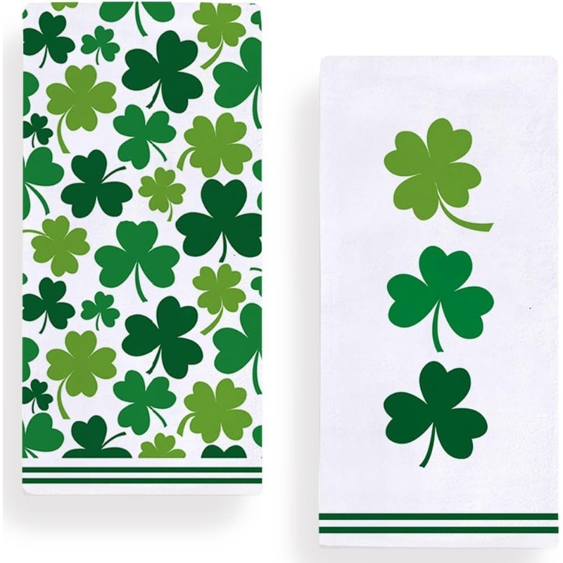 

2pcs 's Day Polyester Towels Set - Rectangular Hand Towels, Contemporary Style, Machine Washable, Green Shamrock Clover Design For Kitchen & Bathroom Decor