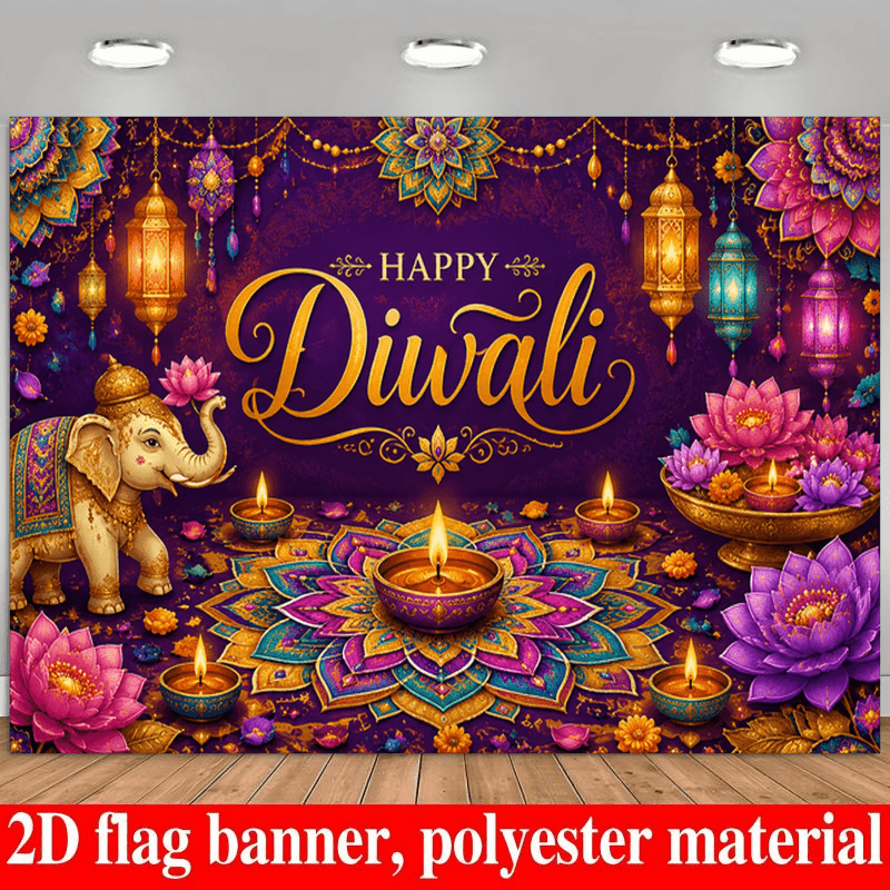 TEMU 1pc 2d Flag - 2d Flat Diwali Themed Banner Background, Featuring Elephants, For Lotus Flowers, Oil Lamps, Lanterns, And Other Elements. Made Of,