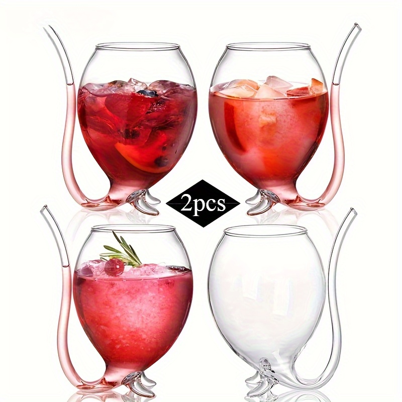 E-shop 2er-Set -Cocktailgläser 420ml (14Oz) mit integriertem Strohhalm und Griff, wiederverwendbares Glasgeschirr für Wein, Saft, Champagner - für