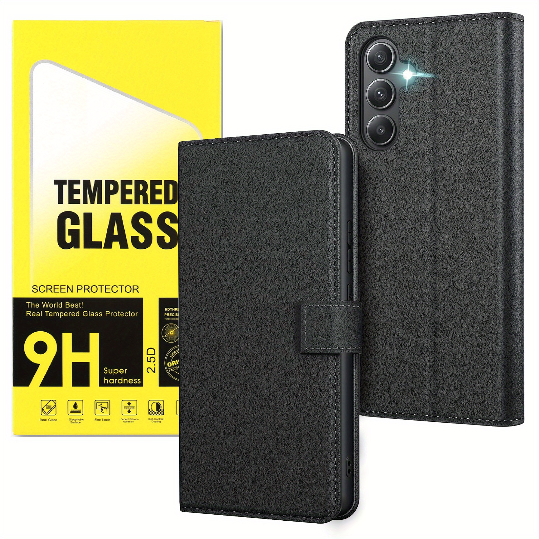 TEMU Phone Case: For Galaxy A34 5g With 2pcs Tempered Glass Screen Protector, Kickstand Pu Leather Card Slot Flip Protective Phone Case Cover