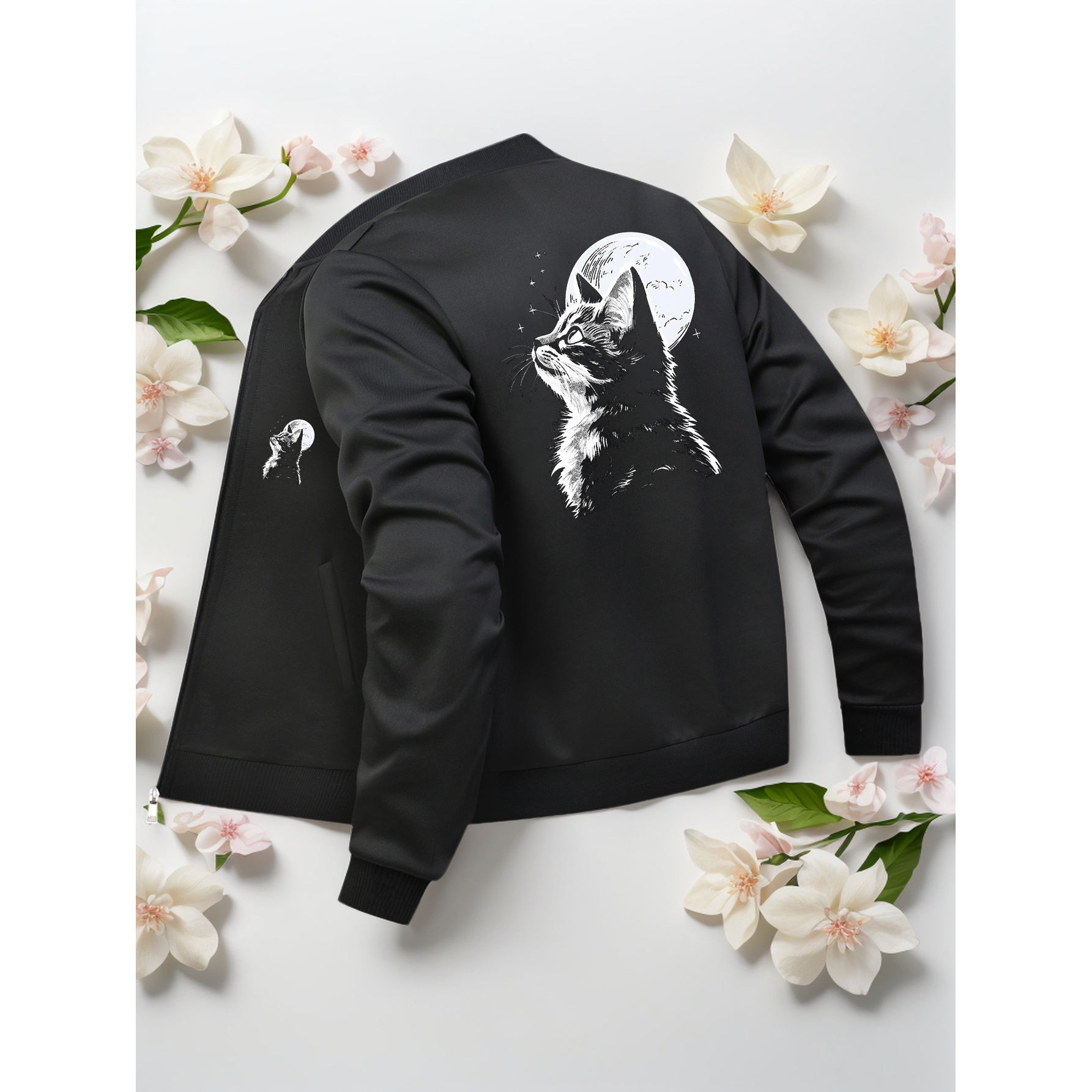 

Women's Chic Black Knit Varsity Jacket With White Floral & Cat Print - Casual Style, Fabric, Zip-up Closure, Pockets, Ideal For All , Jackets For Girls