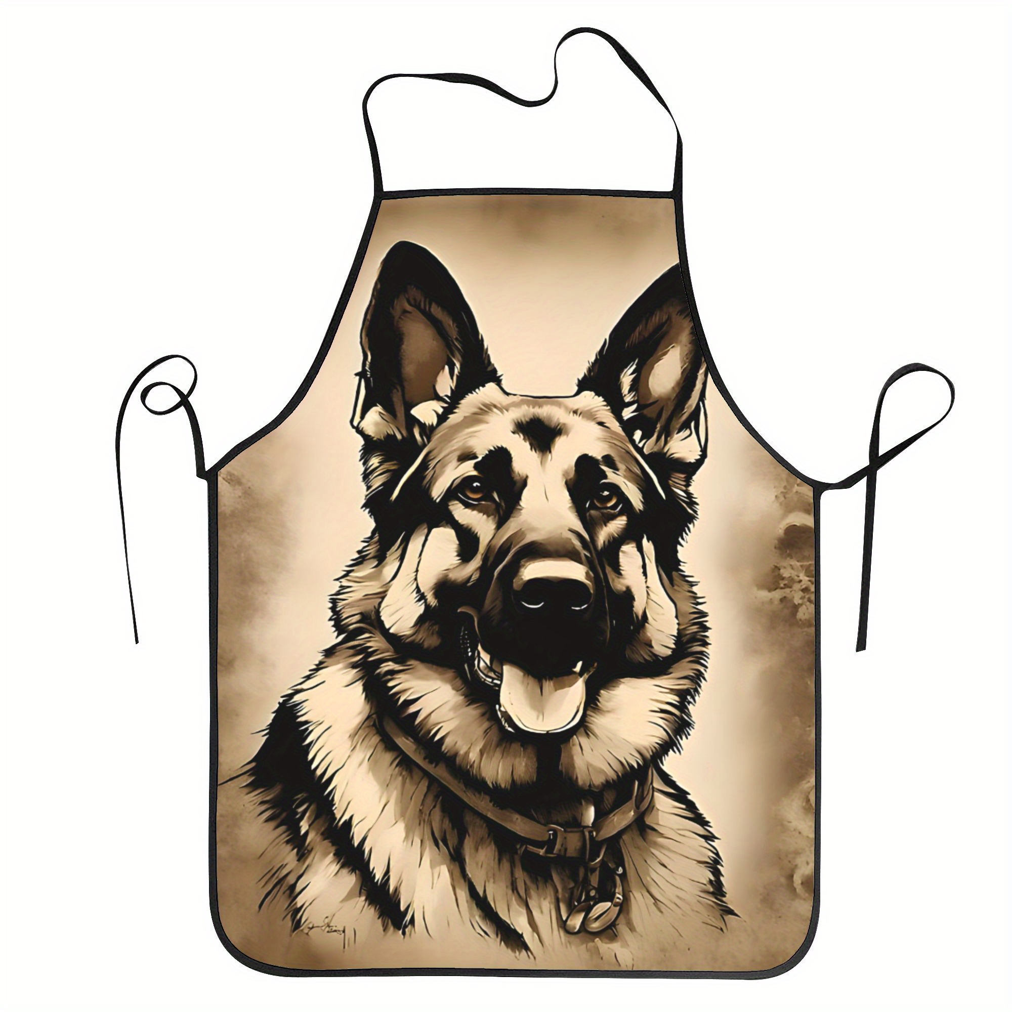 

Vintage German Shepherd Dog Print Apron, 100% Polyester Woven Fabric, Slight Stretch, 190gsm, Patterned Cooking Apron For Dog Lovers, Restaurant & Home Use