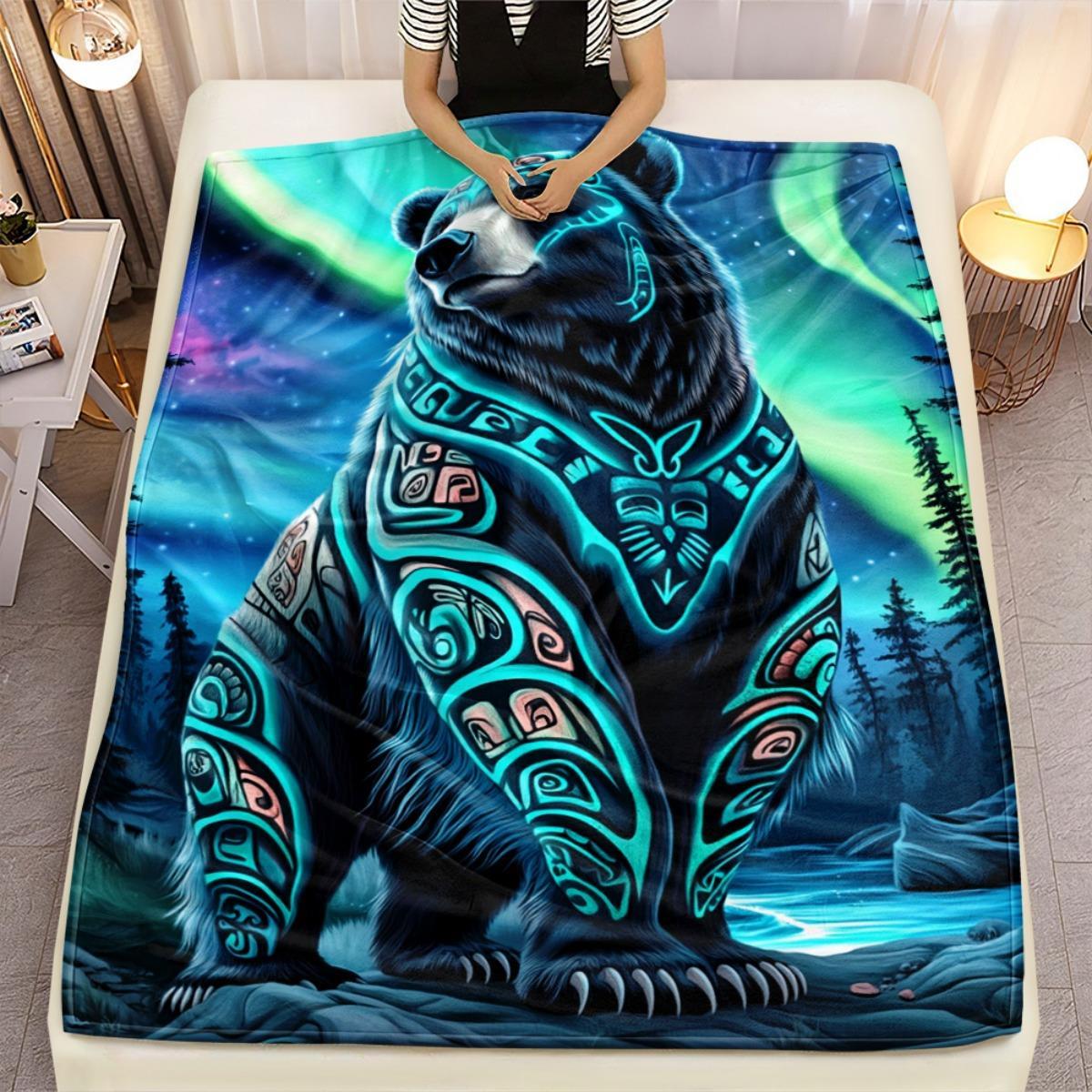 TEMU 1 Couverture Ours Sous l' | Léger en Flanelle Douce Toutes Saisons avec Aurores Boréales & Tribaux, Turquoise - Style Contemporain, Polyester