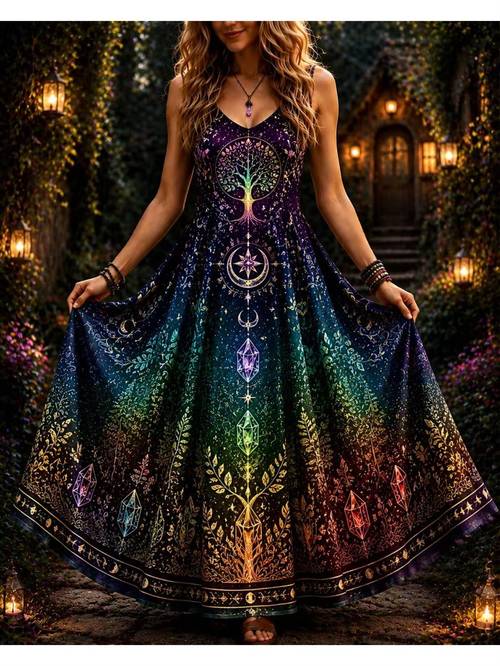 item picture women v neck sleeveless maxi dress celestial starry sky moon phase compass purple gradient flowy bohemian long dress witchy spiritual style for evening festival party 2026
