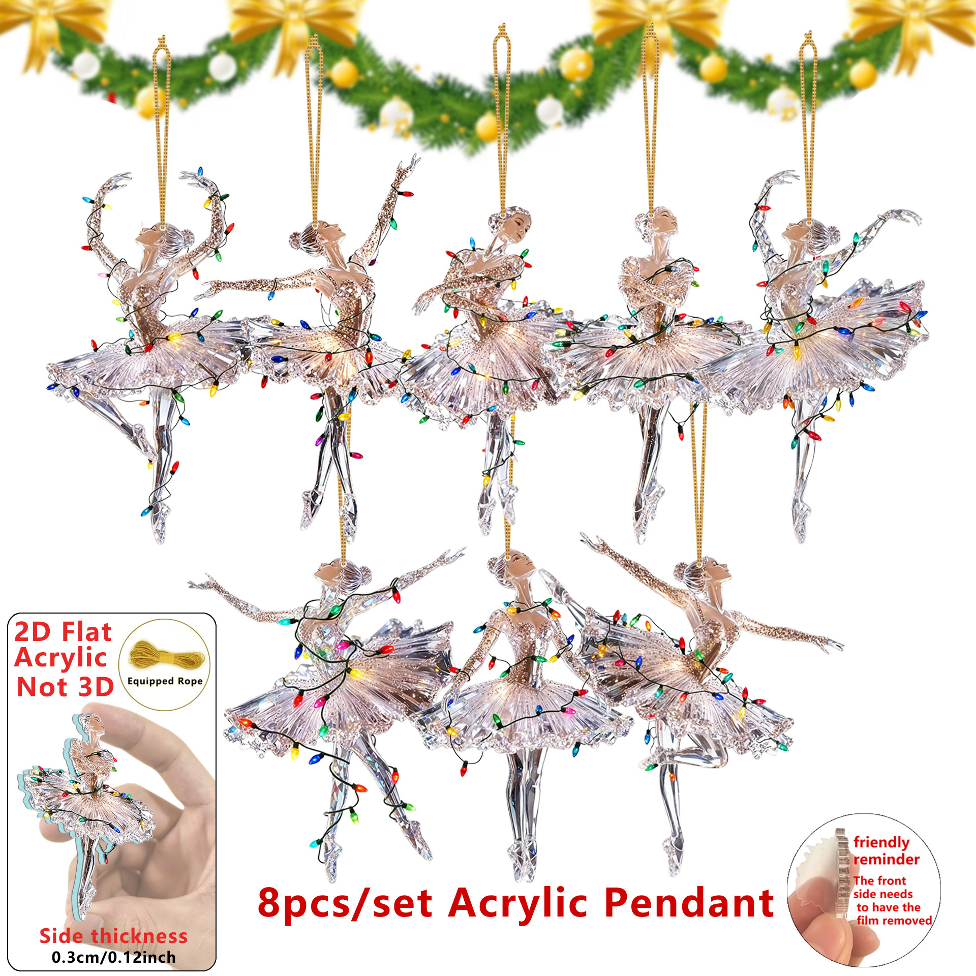 2d Flat-8pcs Beautiful Christmas Ballet Girl Acrylic Pendant, Pendant For Christmas Tree Simulation Tree Decoration, Christmas Supplies, Home Decoration, Gift Gift Signs