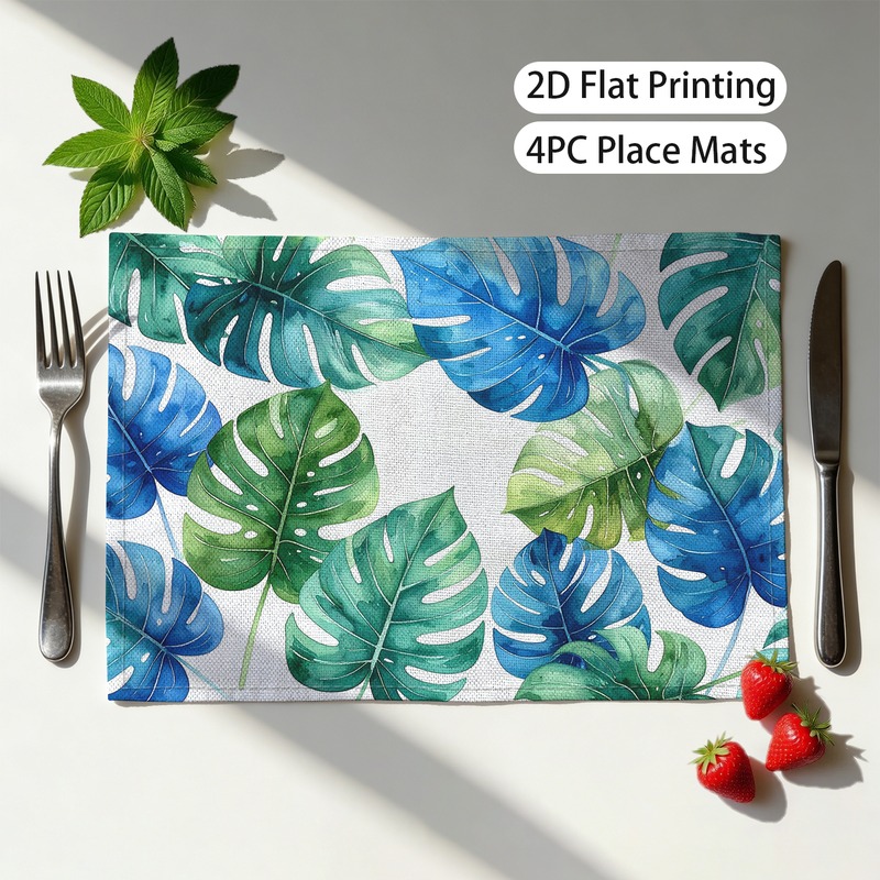 TEMU Collection de quatre nappes de table d'été avec des de feuilles de Monstera bleues et vertes, parfaites pour une salle à manger bohème moderne.