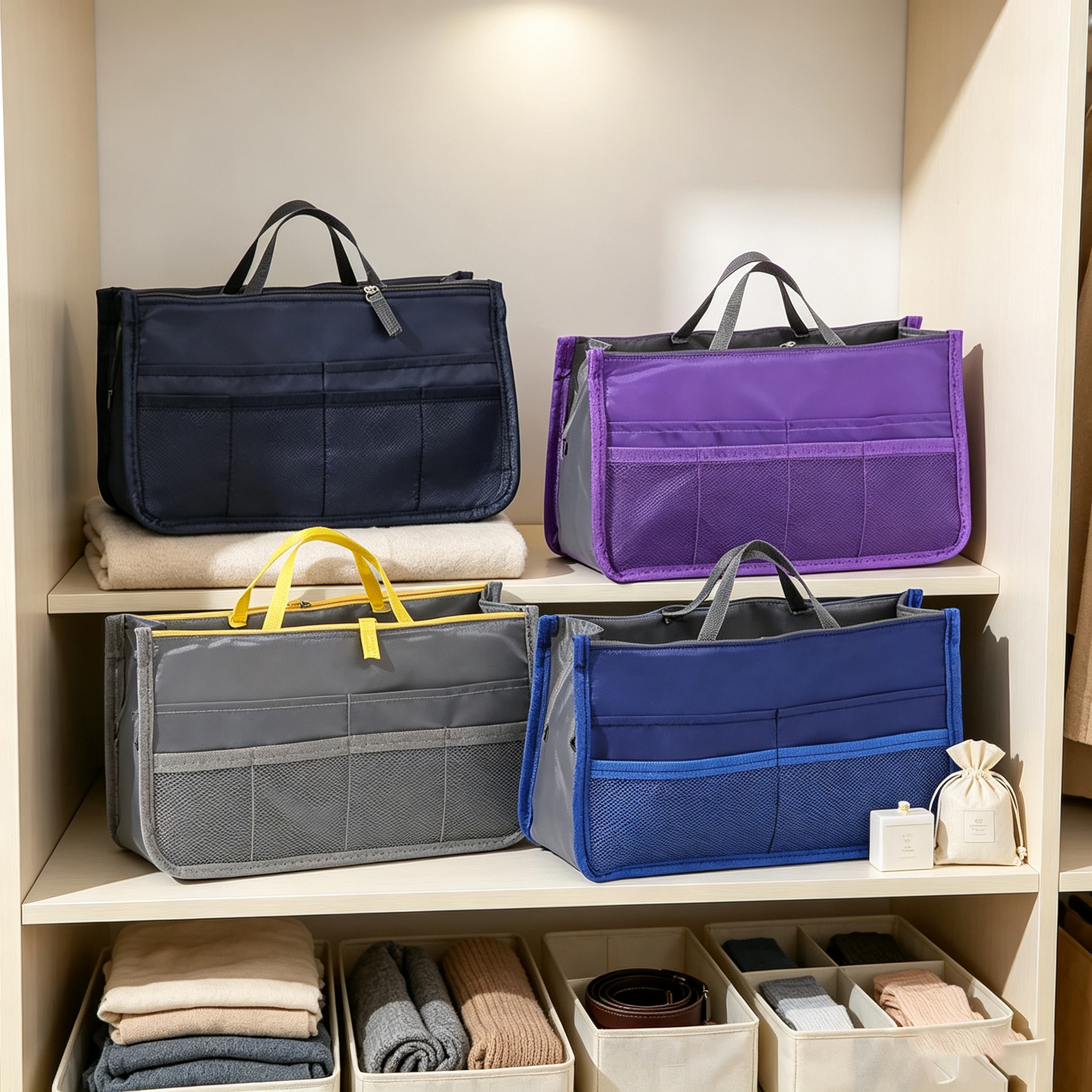 TEMU Lot de 4 inserts organisateurs pour sac à main, organisateur pliable sac dans sac, organisateur multi-poches pour cabas, avec poignée, pour