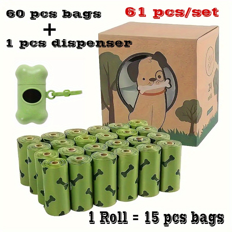 61pcs/set 60 Bag 4 Rolls for Pet Waste, Leak Dog Poop Bags with Dispenser - -Proof Unscented Waste Bags for Dogs, with Bone Design & Fragrance Dog Poop Bags, Suitable for Pet Cleaning And Outdoor Use.