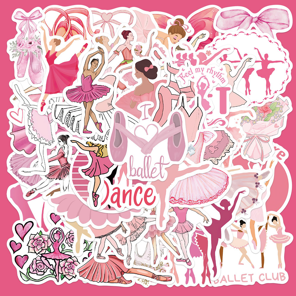 Image of 50pcs Pink Ballet Stickers Vintage Cute Aesthetics Stickers Ins Doodle Cartoon Deacls Pack Christmas Decoration Suitcase Bottle Diy Laptop Skateboard Luggage Party Gift