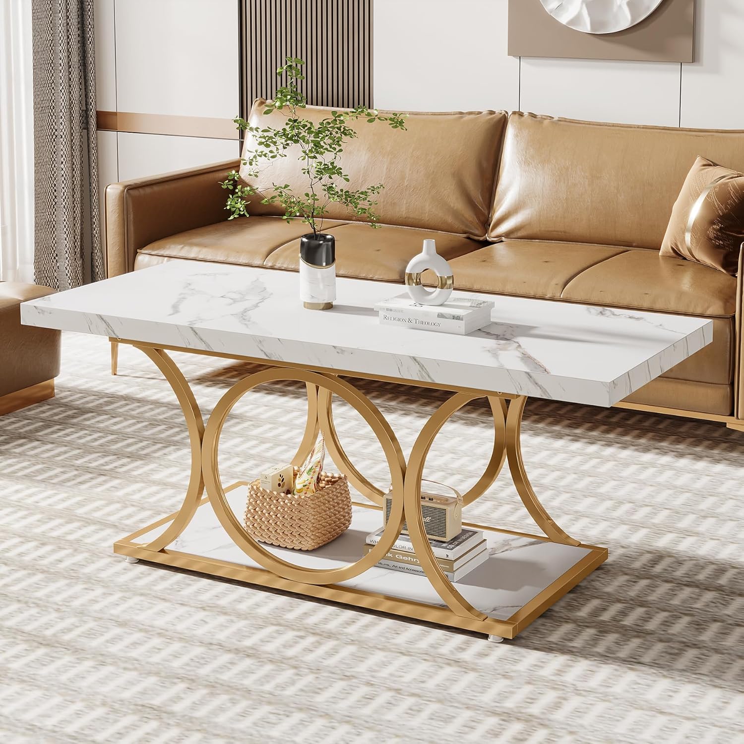 Rectangle Coffee Table, 47.24-inch Modern Coffee Tables For Living Room, 2-tier Marble Wood Coffee Table With Geometric Legs, Furniture With Storage Shelf