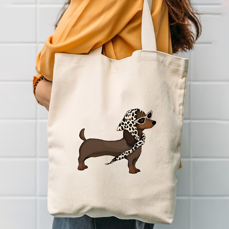 TEMU 1pc 2d Flat Printing Cute Dachshund Tote Bag With Headscarf& Fashion Glasses Design- Reusable Grocery Shopping Bag, Double-sided Printed Handbag