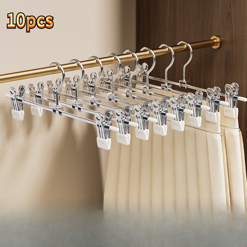 Image of 10pcs Non-slip Pants Hangers, Space- Pants Storage Rack, Student Dormitory Multifunctional Pants Hanger, Punch-free Jeans Scarf Storage Artifact, Stainless Non-slip Pants Clip