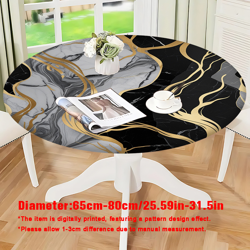 TEMU 1pc 2d Flat Printing Round Elastic Tablecloth With Golden And Pattern, Luxurious Design Suitable For Round Dining Tables. Made Of Polyester,