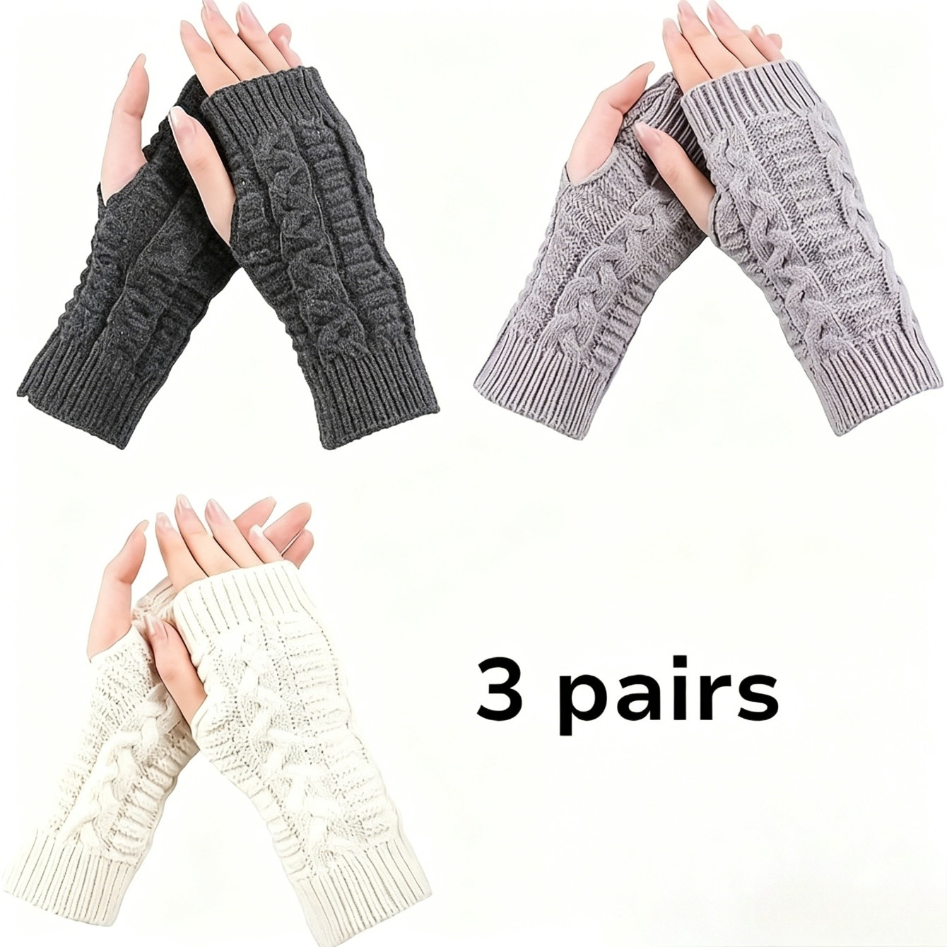 TEMU 3 Pairs Women's Thermal Fingerless Gloves In White/dark Gray/gray, 3 Colors. Winter Thumb Hole Wrist Warmers With Crochet Hooks For Arm