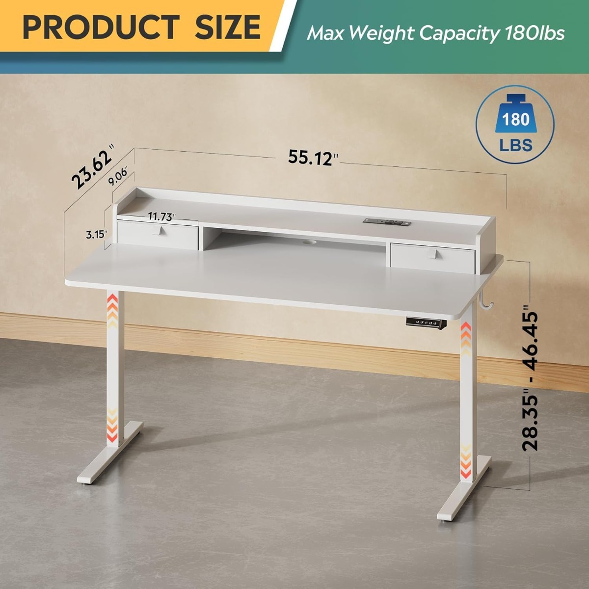 55×28 Inch Electric Standing Desk with Drawers | 3 Adjustable Height, Storage Shelf, Built-in USB Outlet, Memory Preset, Sit to Stand, Contemporary Style, White, Engineered Wood Top, Box Drawers, Floor Mount, by GALAXHERO