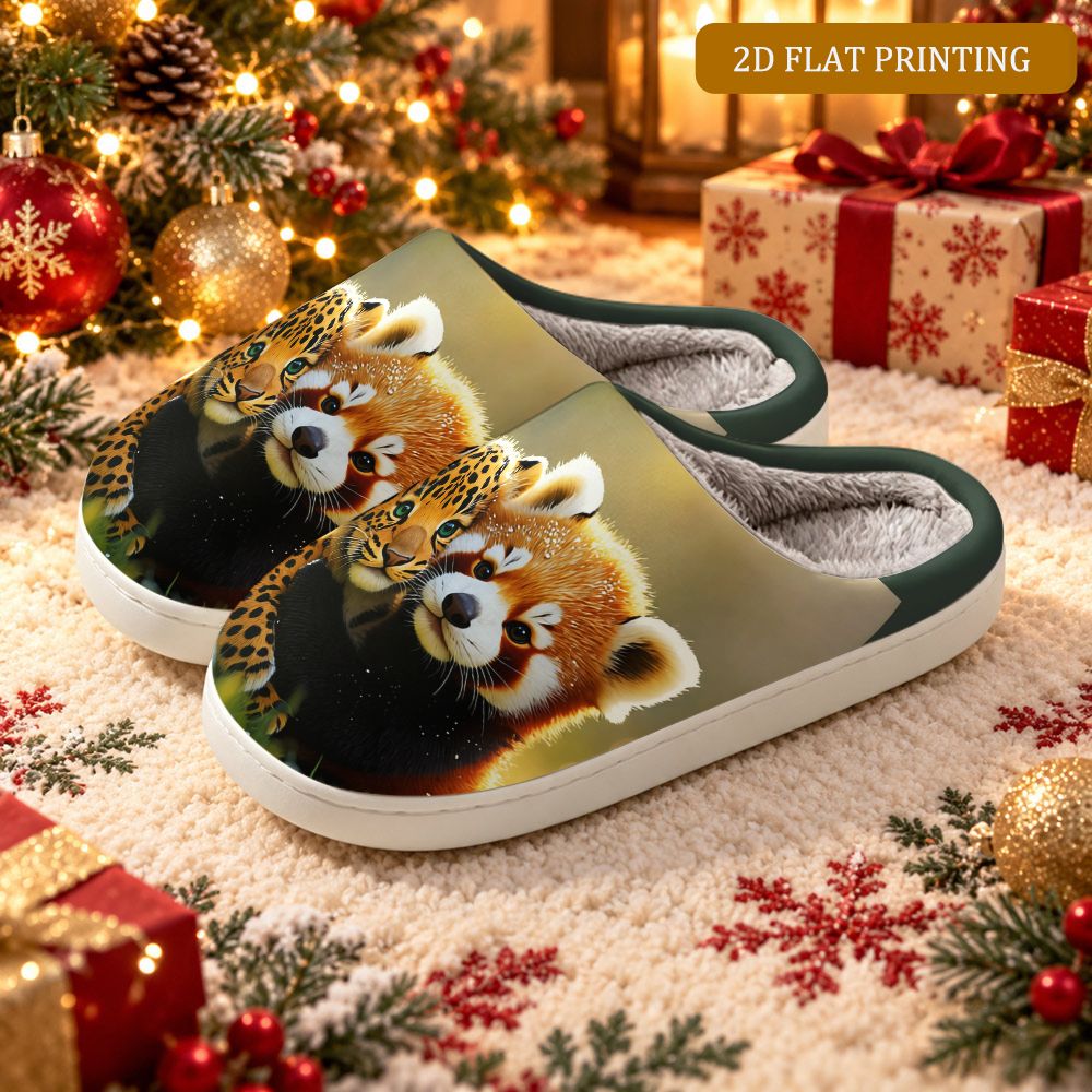 extra wide fit unisex winter slippers cute red panda leopard 2  soft fleece lined warm indoor house shoes comfortable casual footwear christmas gift wide fit shoes
