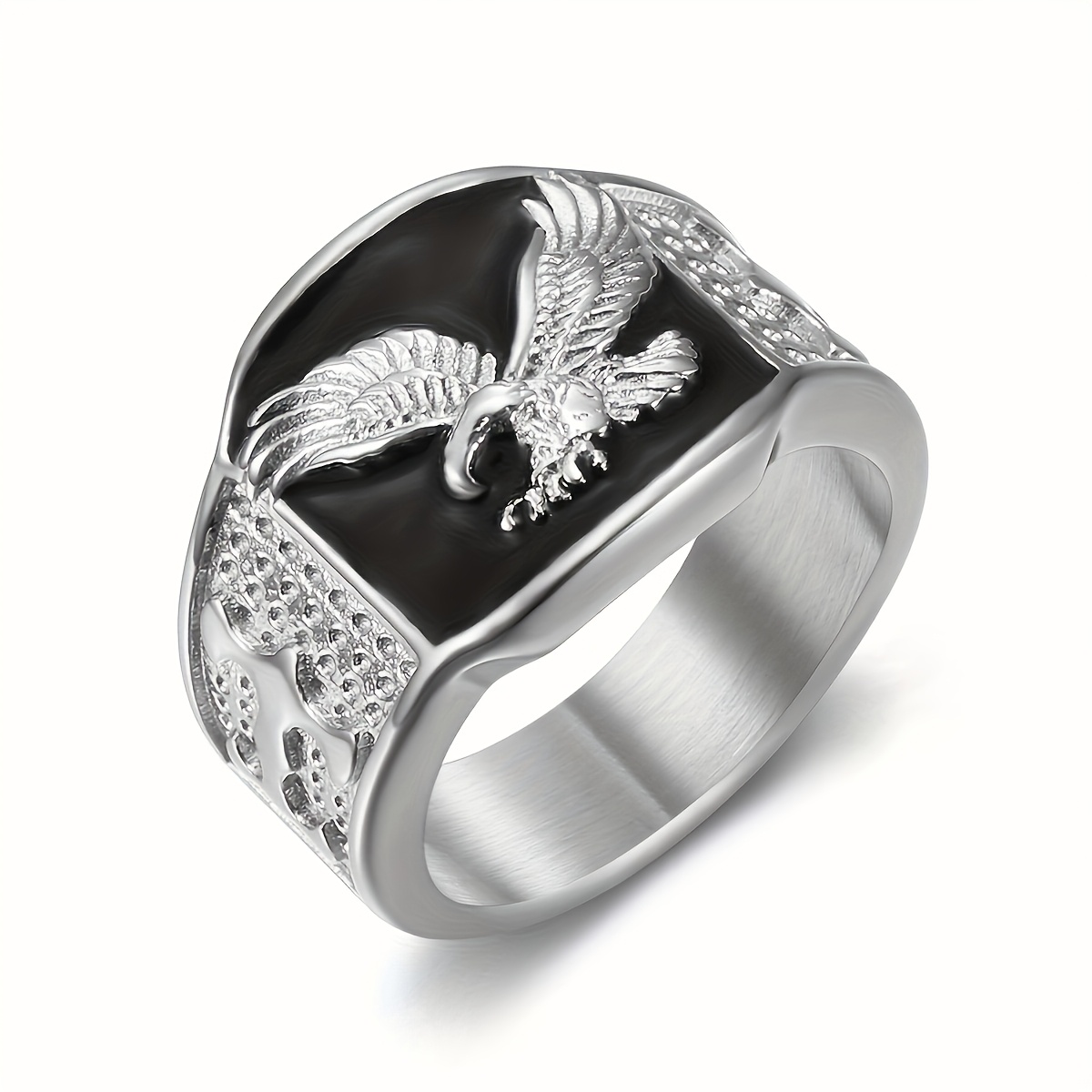 E-shop Modischer Temperamentvoller Handgeschnitzter Fliegender Adler Emaille Schwarzer Ring für Männer Frauen – Party, Karneval, Punk –
