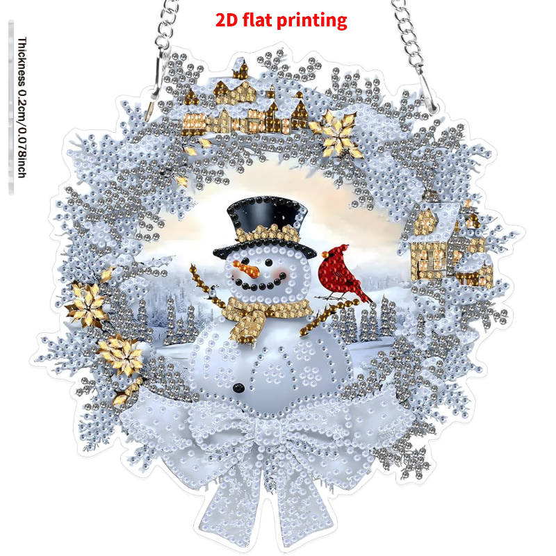 TEMU 2d Flat Printing Snowman Wreath Christmas Diamond Painting Pendant With Chain For Adults And Beginners, Diamond Painting Window Scene Ornament
